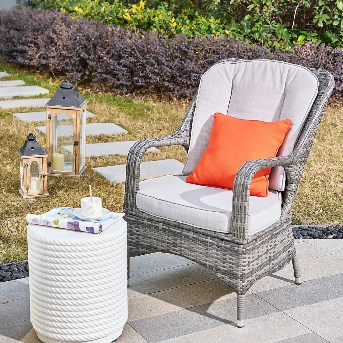 Abrihome 3-Piece Outdoor Garden Bistro Set, Grey Rattan Chairs with a White Concrete Side Table
