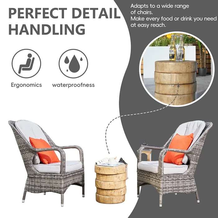 Abrihome 3-Piece Outdoor Garden Bistro Set, Grey Rattan Chairs with a Natural Concrete Side Table