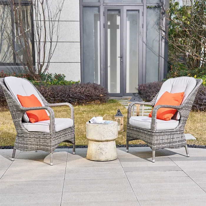 Abrihome 3-Piece Outdoor Garden Bistro Set, Grey Rattan Chairs with a Beige Concrete Side Table