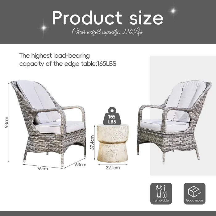 Abrihome 3-Piece Outdoor Garden Bistro Set, Grey Rattan Chairs with a Beige Concrete Side Table