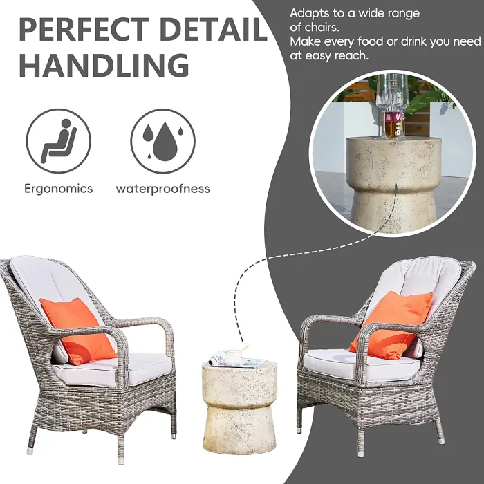 Abrihome 3-Piece Outdoor Garden Bistro Set, Grey Rattan Chairs with a Beige Concrete Side Table