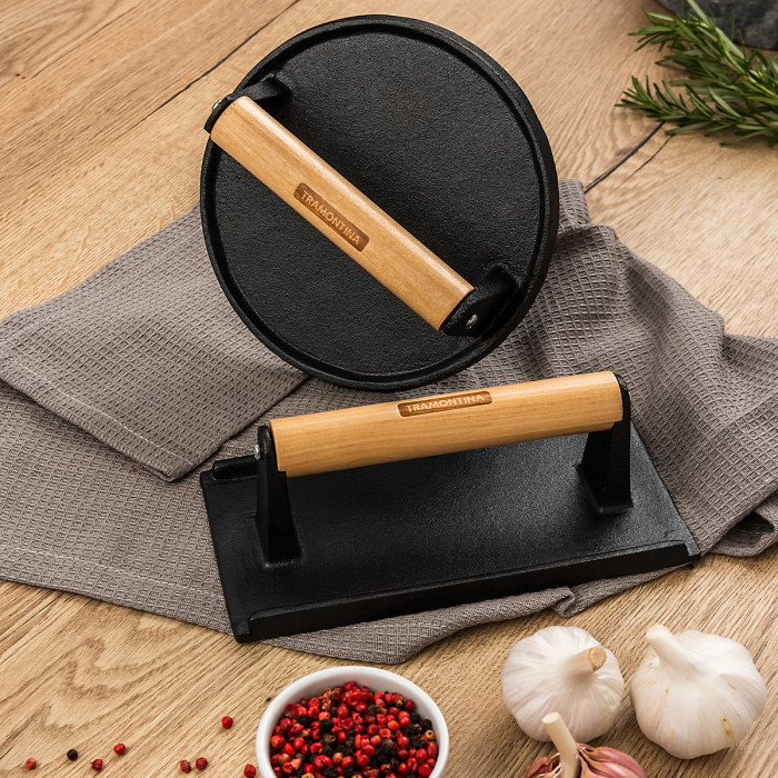 Tramontina Round Grill Press 17cm Pre-seasoned Cast Iron