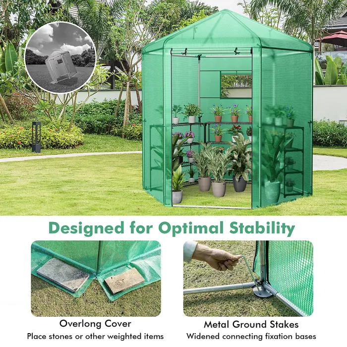 Costway Walk-in Greenhouse Planter Grow Tent Hexagon Grow House W/ Roll-up Zippered Door