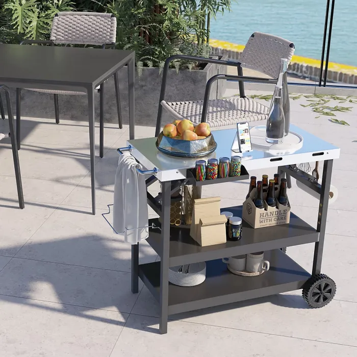 Costway Folding BBQ Serving Trolley 3 Tier Movable Pizza Oven Table W/ Adjustable Shelf