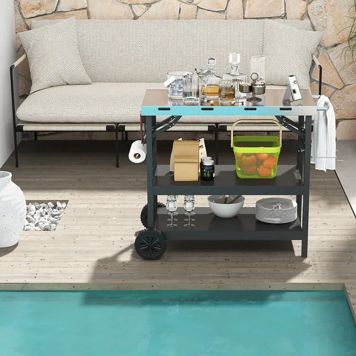 Costway Folding BBQ Serving Trolley 3 Tier Movable Pizza Oven Table W/ Adjustable Shelf