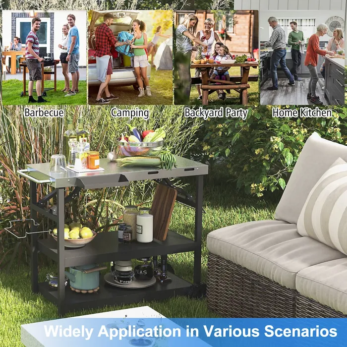 Costway Folding BBQ Serving Trolley 3 Tier Movable Pizza Oven Table W/ Adjustable Shelf