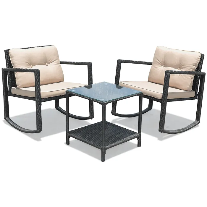 Costway 3 Pieces Outdoor Rocking Bistro Set PE Rattan Rocking Chair Set with Cushions