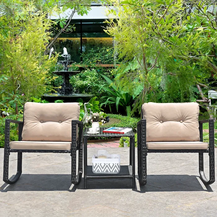 Costway 3 Pieces Outdoor Rocking Bistro Set PE Rattan Rocking Chair Set with Cushions