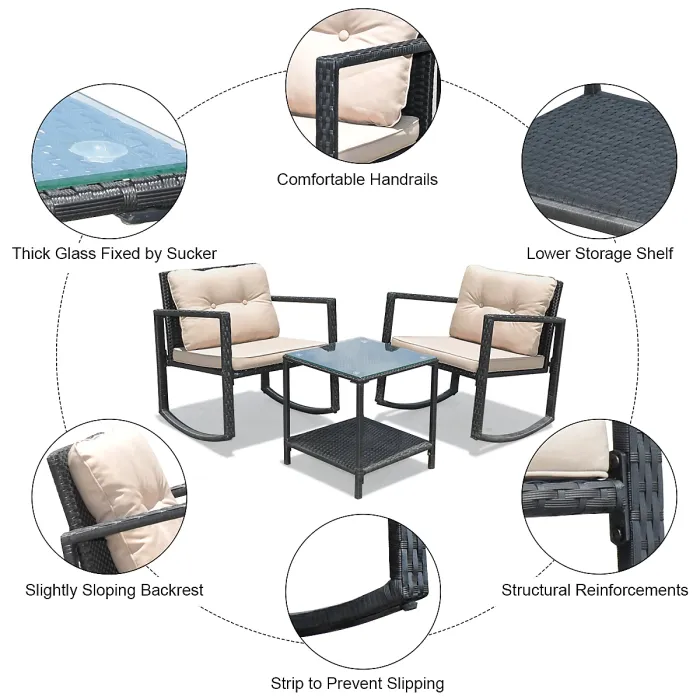 Costway 3 Pieces Outdoor Rocking Bistro Set PE Rattan Rocking Chair Set with Cushions