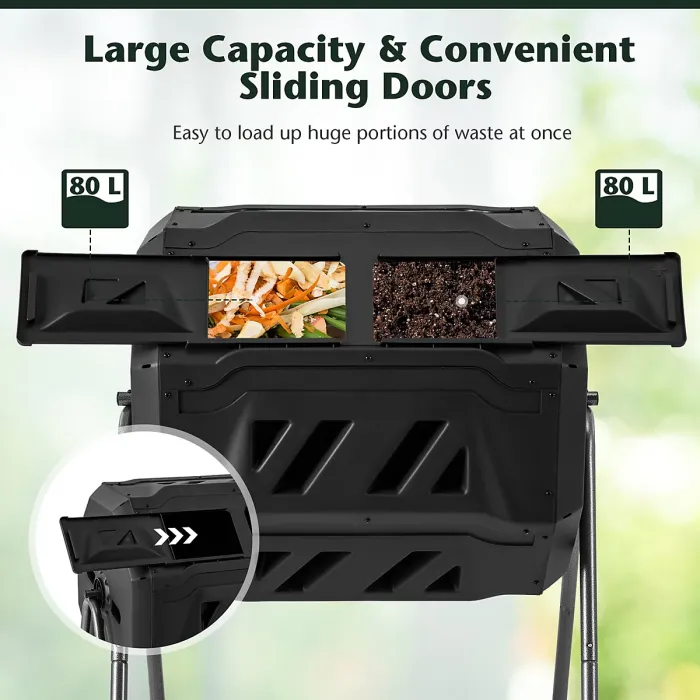 Costway Rotatable Compost Bin 160L Dual Chamber Composting Tumbler w/ 2 Sliding Doors
