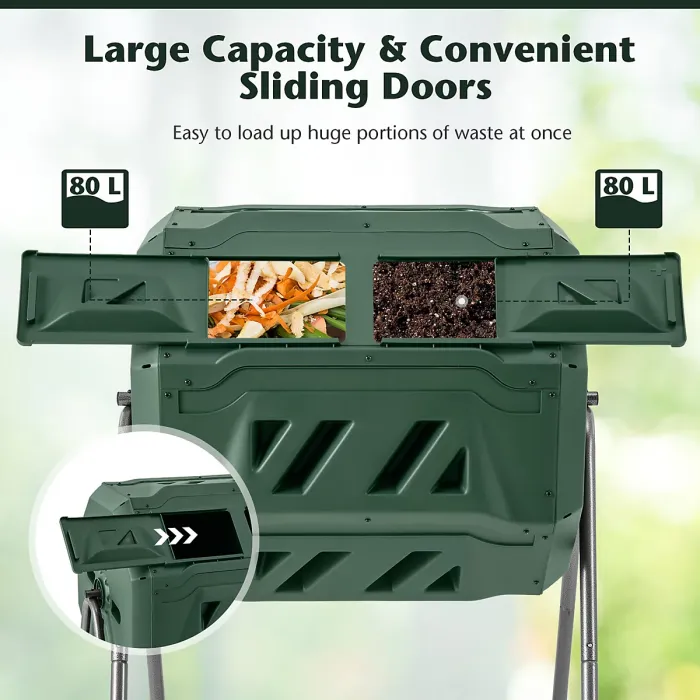 Costway Rotatable Compost Bin 160L Dual Chamber Composting Tumbler w/ 2 Sliding Doors