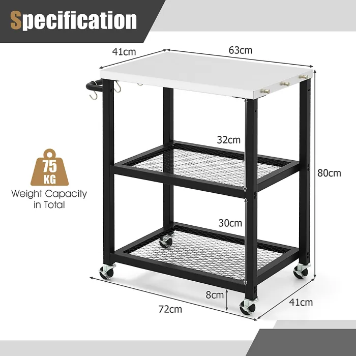 Costway 3-tier Outdoor Grill Cart Pizza Oven Stand Trolley Prepare BBQ Work Table w/ Stainless Steel Top