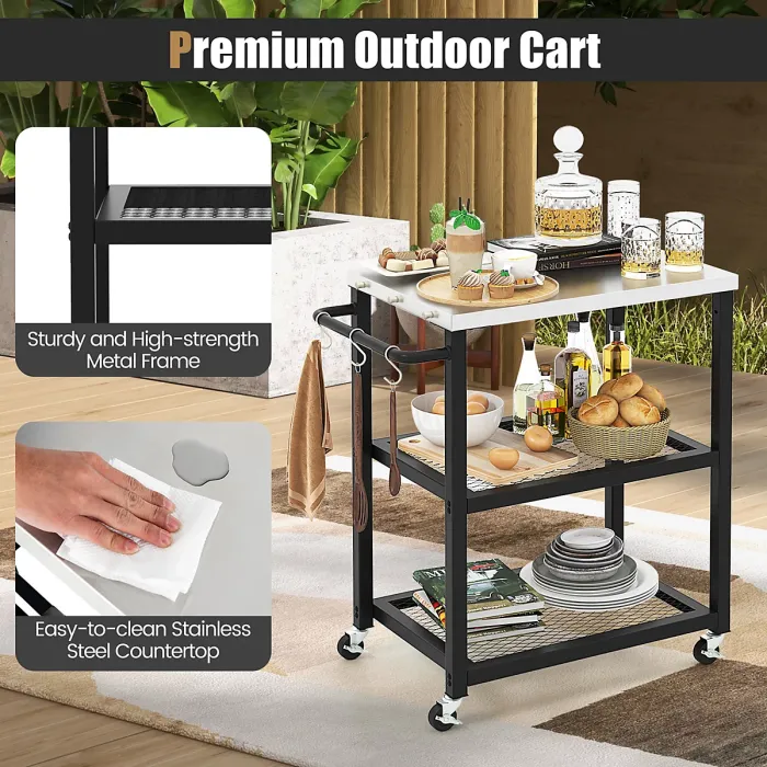 Costway 3-tier Outdoor Grill Cart Pizza Oven Stand Trolley Prepare BBQ Work Table w/ Stainless Steel Top