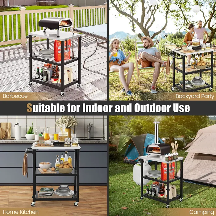 Costway 3-tier Outdoor Grill Cart Pizza Oven Stand Trolley Prepare BBQ Work Table w/ Stainless Steel Top