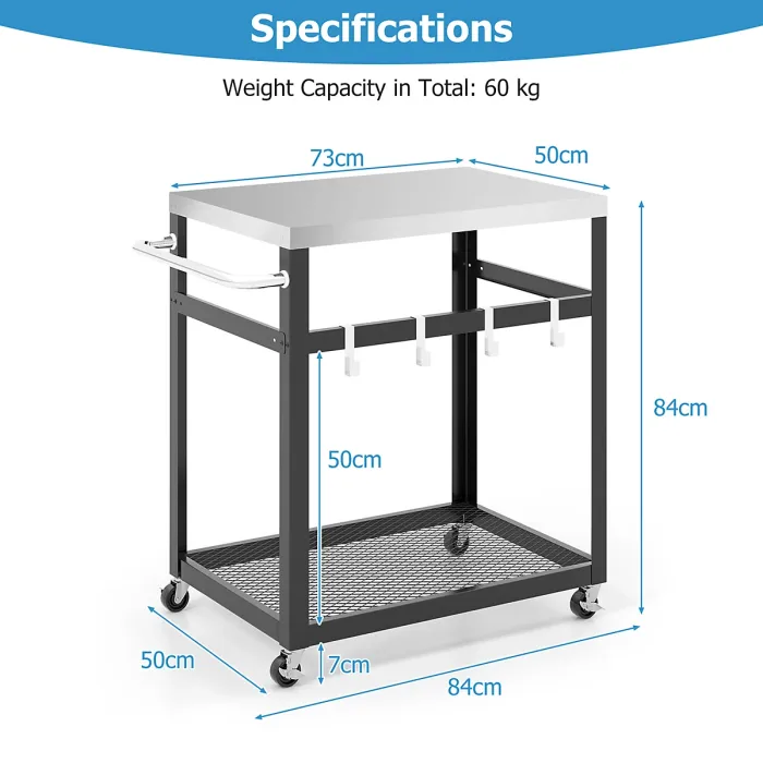 Costway 2-tier Outdoor Grill Cart Pizza Oven Stand Trolley Food Prepare Table w/ Stainless Steel Top