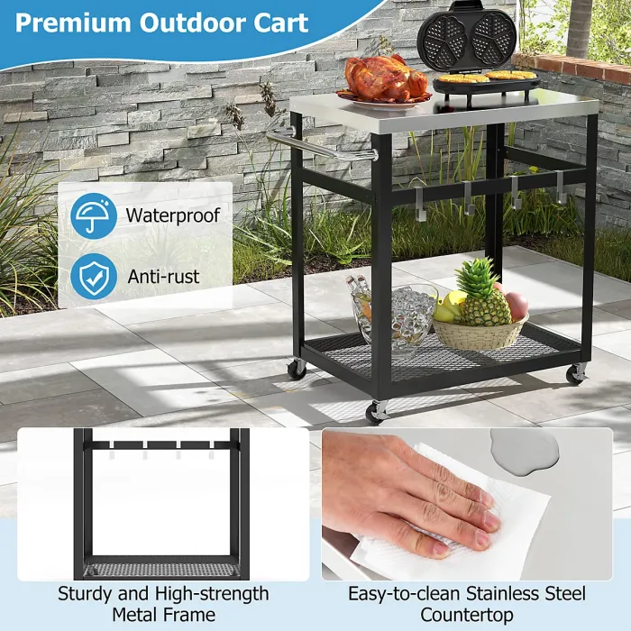 Costway 2-tier Outdoor Grill Cart Pizza Oven Stand Trolley Food Prepare Table w/ Stainless Steel Top