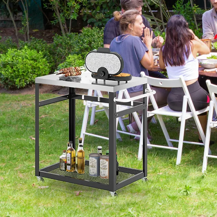 Costway 2-tier Outdoor Grill Cart Pizza Oven Stand Trolley Food Prepare Table w/ Stainless Steel Top