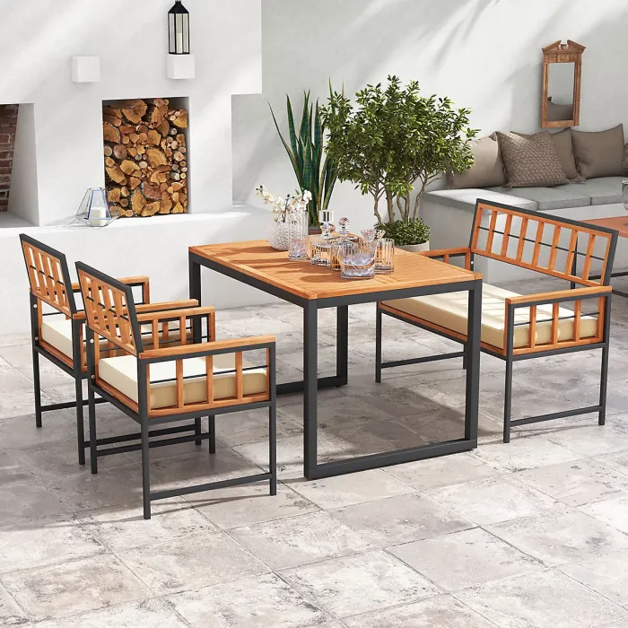 COSTWAY 4 Pieces Acacia Wood Patio Dining Set Outdoor Table and Chairs with Umbrella Hole