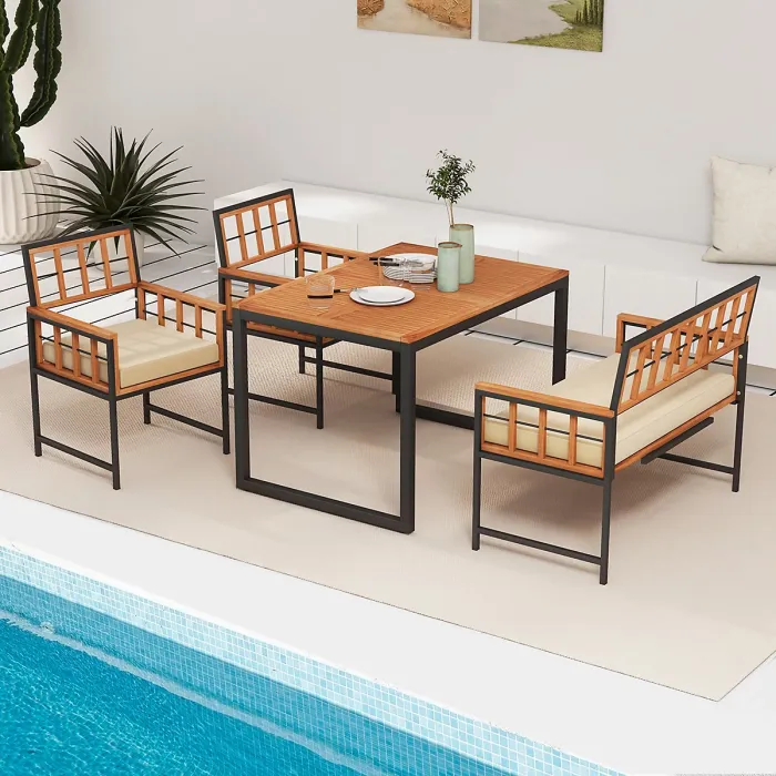 COSTWAY 4 Pieces Acacia Wood Patio Dining Set Outdoor Table and Chairs with Umbrella Hole
