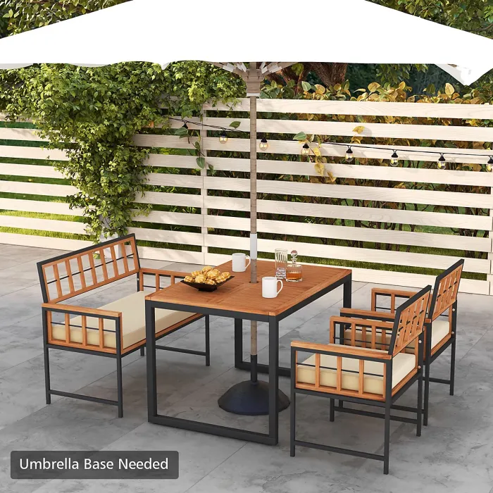 COSTWAY 4 Pieces Acacia Wood Patio Dining Set Outdoor Table and Chairs with Umbrella Hole