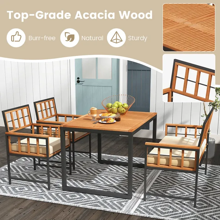 COSTWAY 4 Pieces Acacia Wood Patio Dining Set Outdoor Table and Chairs with Umbrella Hole