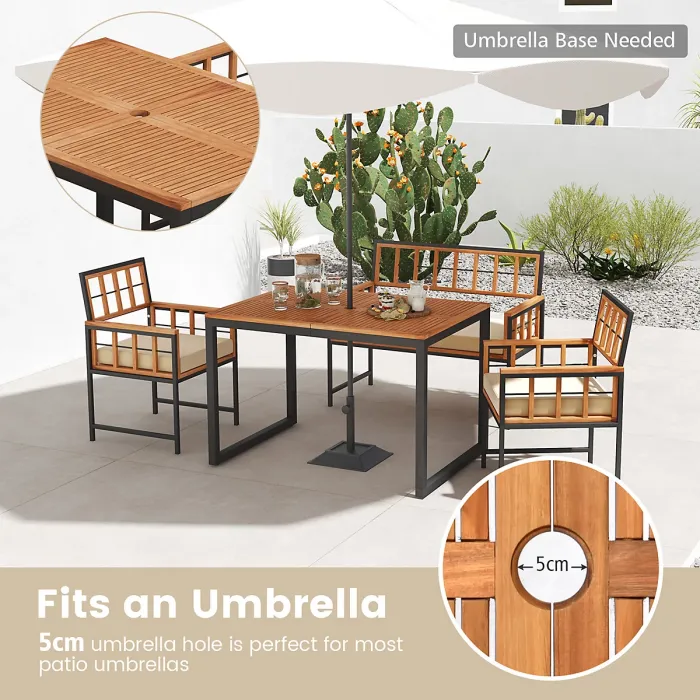 COSTWAY 4 Pieces Acacia Wood Patio Dining Set Outdoor Table and Chairs with Umbrella Hole