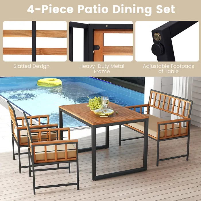 COSTWAY 4 Pieces Acacia Wood Patio Dining Set Outdoor Table and Chairs with Umbrella Hole