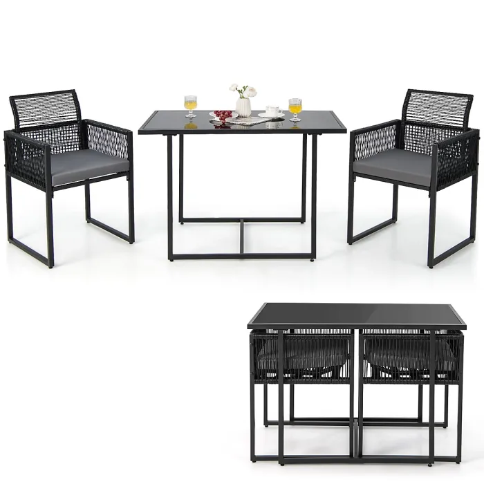 COSTWAY 3 Pieces Outdoor Dining Set Patio PE Rattan Furniture Set-Gray