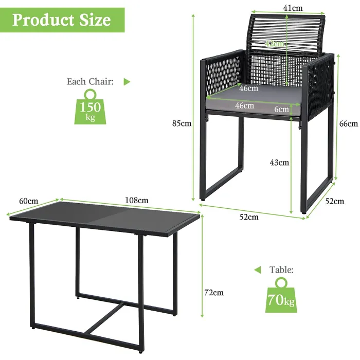 COSTWAY 3 Pieces Outdoor Dining Set Patio PE Rattan Furniture Set-Gray