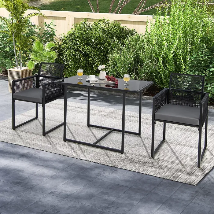COSTWAY 3 Pieces Outdoor Dining Set Patio PE Rattan Furniture Set-Gray