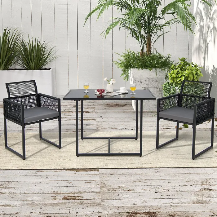 COSTWAY 3 Pieces Outdoor Dining Set Patio PE Rattan Furniture Set-Gray
