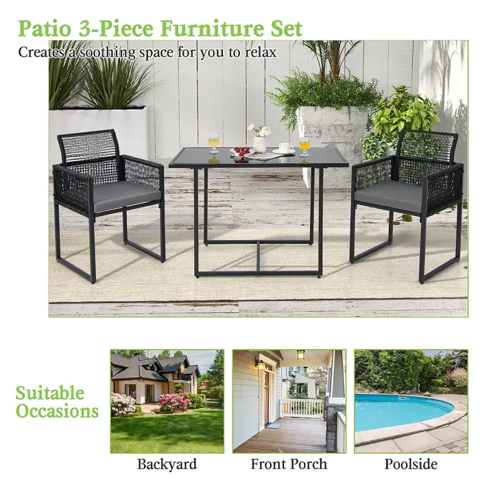 COSTWAY 3 Pieces Outdoor Dining Set Patio PE Rattan Furniture Set-Gray
