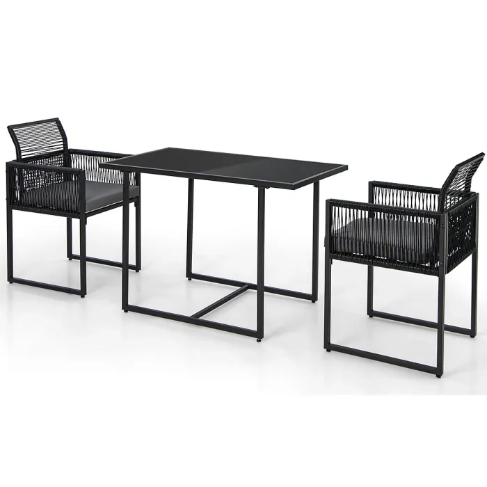 COSTWAY 3 Pieces Outdoor Dining Set Patio PE Rattan Furniture Set-Gray