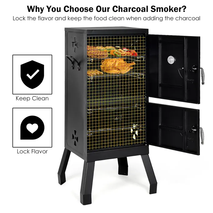 COSTWAY Vertical Charcoal Smoker Outdoors Charcoal Barbeque Iron Structure