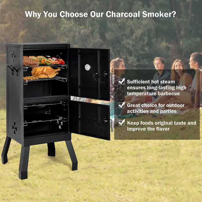 COSTWAY Vertical Charcoal Smoker Outdoors Charcoal Barbeque Iron Structure
