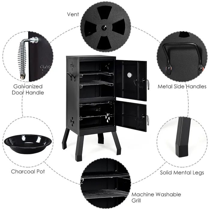 COSTWAY Vertical Charcoal Smoker Outdoors Charcoal Barbeque Iron Structure