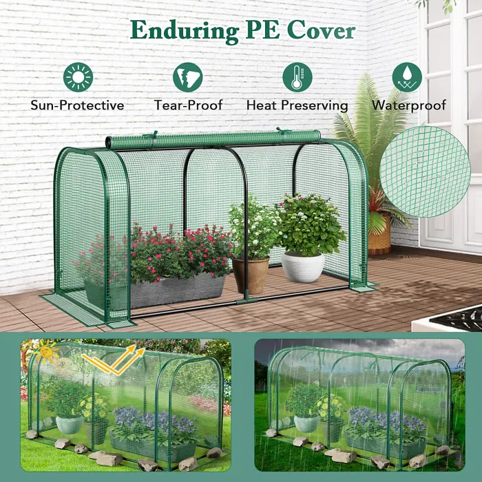 COSTWAY Mini Tunnel Greenhouse w/ Roll-up Door & PE Cover Green (118 x 55 x 60 cm)