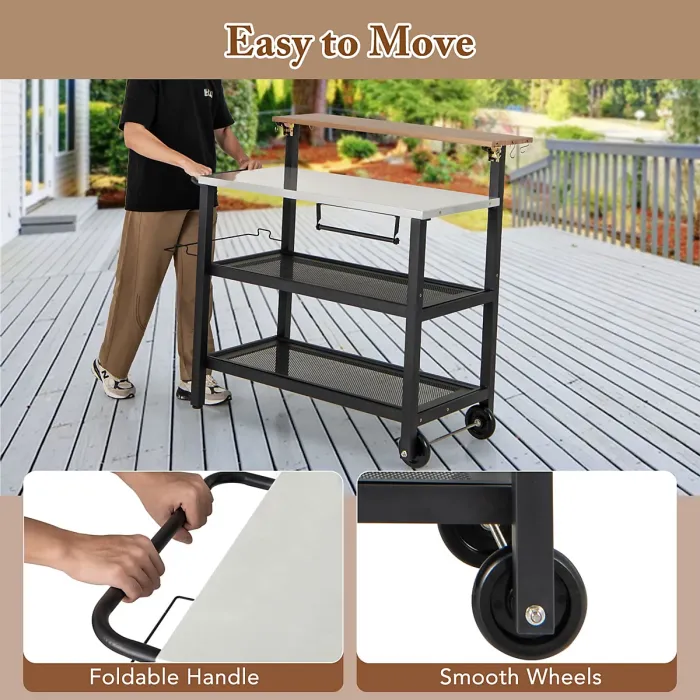 COSTWAY Rolling Bar Cart Movable Pizza Oven Stand with Flip-up Table