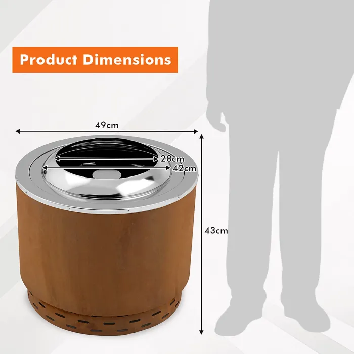 COSTWAY 49 cm Smokeless Fire Pit Stainless Steel Wood Burning Firepit-Brown