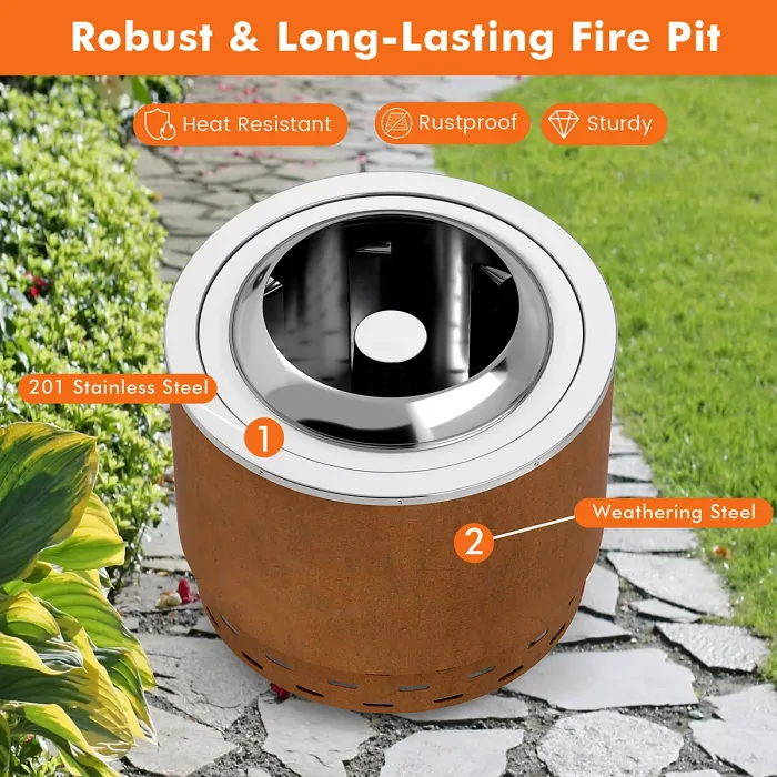 COSTWAY 49 cm Smokeless Fire Pit Stainless Steel Wood Burning Firepit-Brown