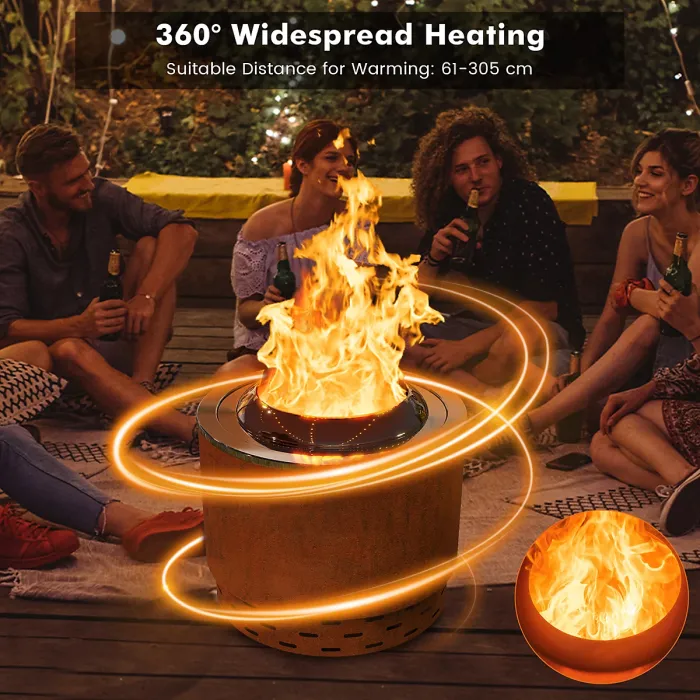 COSTWAY 49 cm Smokeless Fire Pit Stainless Steel Wood Burning Firepit-Brown