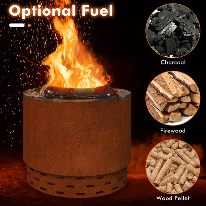 COSTWAY 49 cm Smokeless Fire Pit Stainless Steel Wood Burning Firepit-Brown