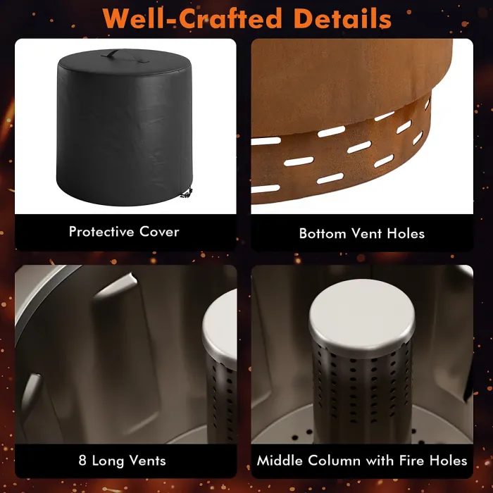 COSTWAY 49 cm Smokeless Fire Pit Stainless Steel Wood Burning Firepit-Brown