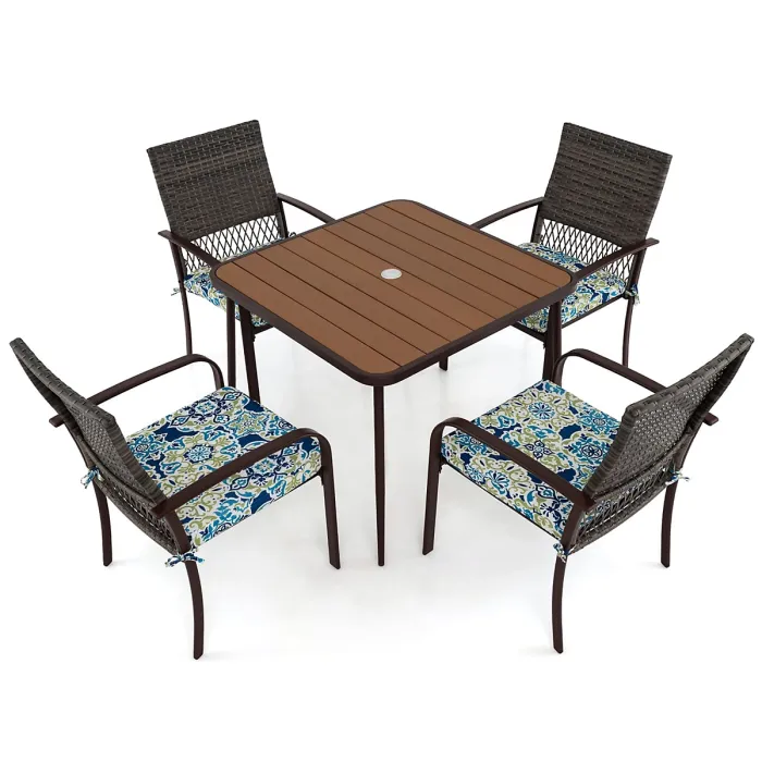 Costway 5 Pieces Patio Dining Set 4 Cushioned Rattan Armchairs & Square Table
