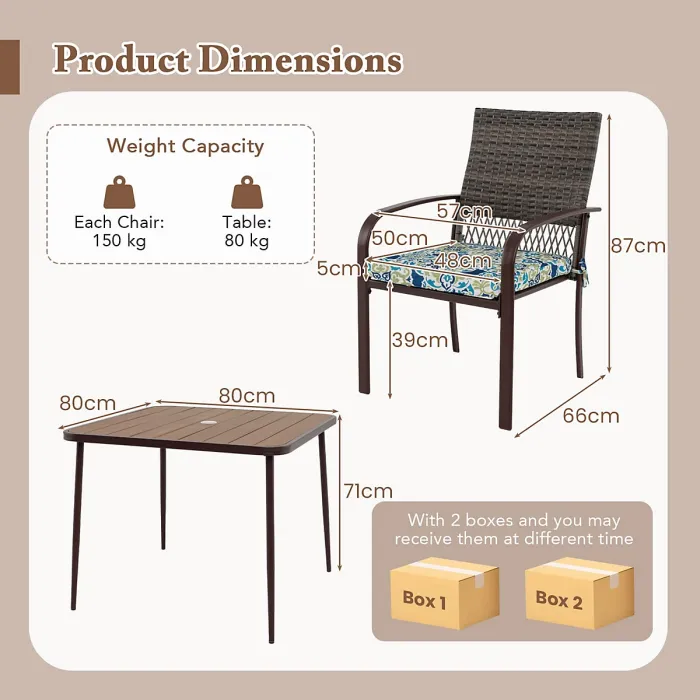 Costway 5 Pieces Patio Dining Set 4 Cushioned Rattan Armchairs & Square Table
