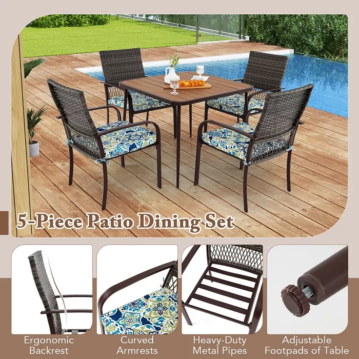 Costway 5 Pieces Patio Dining Set 4 Cushioned Rattan Armchairs & Square Table