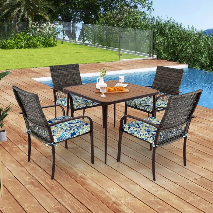 Costway 5 Pieces Patio Dining Set 4 Cushioned Rattan Armchairs & Square Table