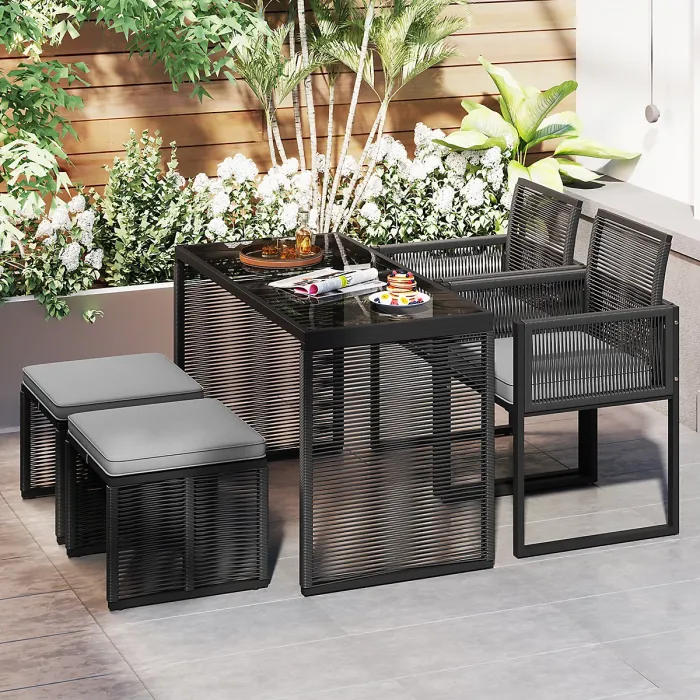 COSTWAY 5 Pieces Patio Dining Set Outdoor Rattan Chairs with Table & Ottomans