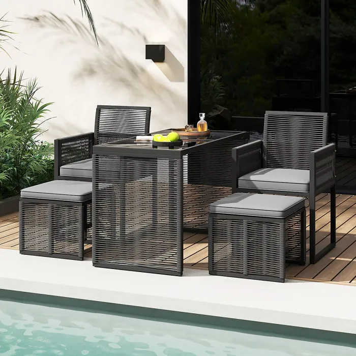 COSTWAY 5 Pieces Patio Dining Set Outdoor Rattan Chairs with Table & Ottomans