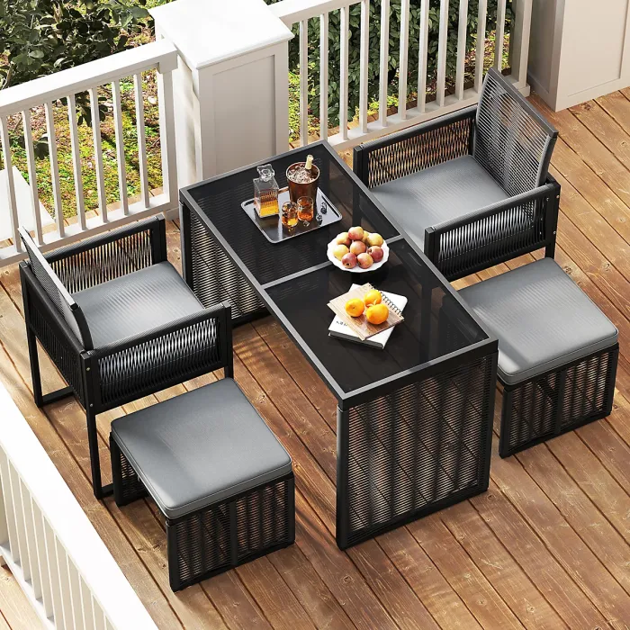 COSTWAY 5 Pieces Patio Dining Set Outdoor Rattan Chairs with Table & Ottomans